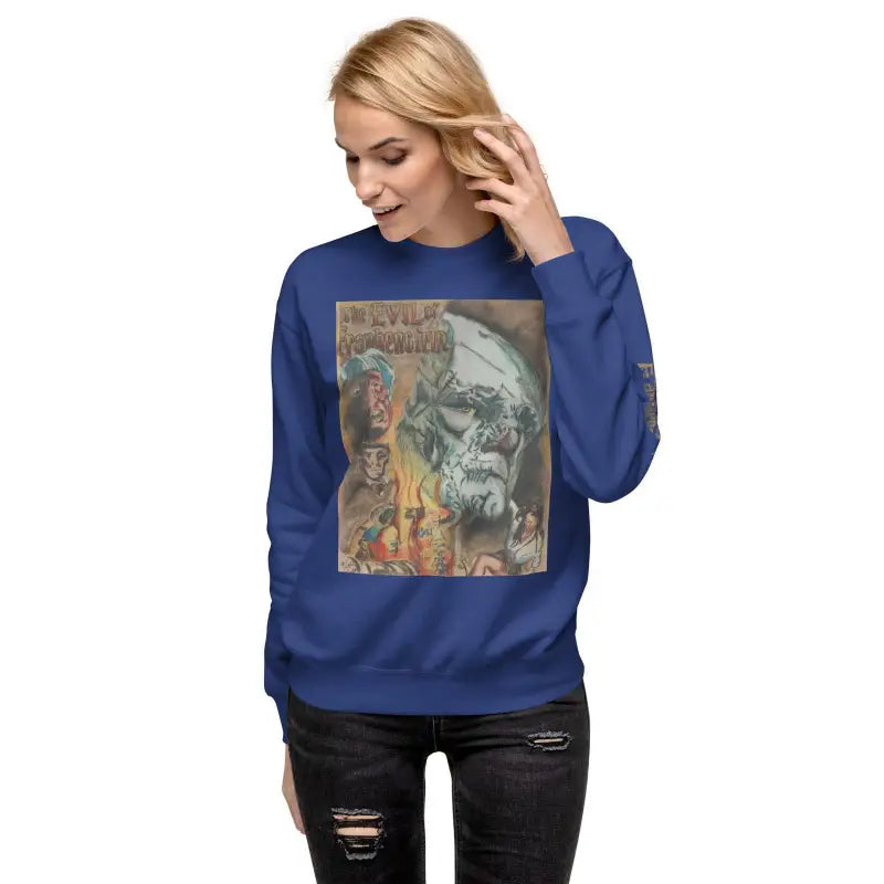 Royal blue premium sweatshirt featuring artistic Evil of Frankenstein skull graphic print