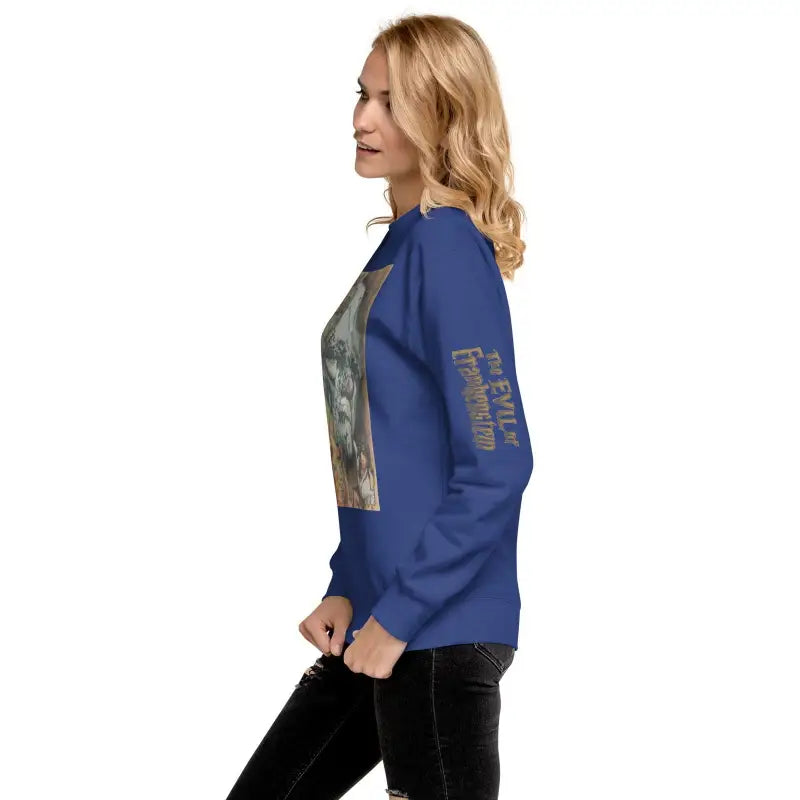 Royal blue premium sweatshirt featuring metallic text detail, ideal for Evil of Frankenstein streetwear