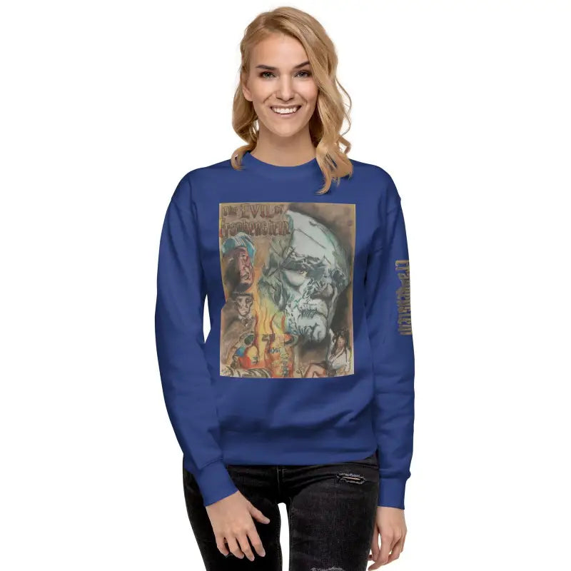 Royal blue premium sweatshirt with Evil of Frankenstein graphic print for streetwear style