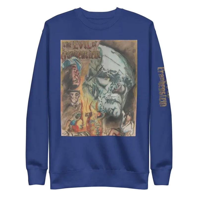 Premium navy blue sweatshirt featuring Evil of Frankenstein gothic horror artwork in streetwear style