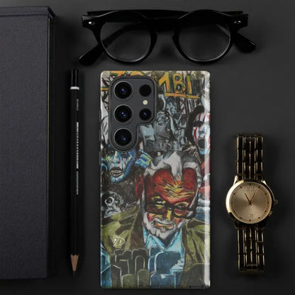 Colorful graffiti-style phone case featuring comic book characters and zombie cinema theme