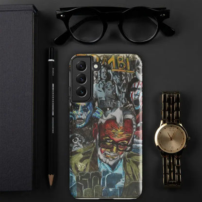 Samsung phone featuring a graffiti-style tough phone case inspired by Zombie Cinema