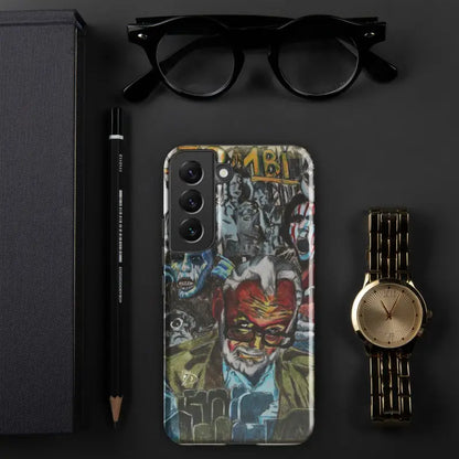 Samsung Galaxy phone featuring a tough phone case inspired by Zombie Cinema with graffiti design