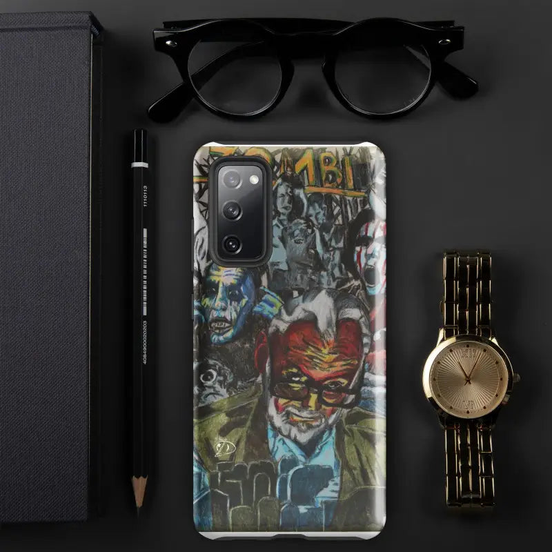 Phone case with graffiti artwork of comic book characters inspired by Zombie Cinema