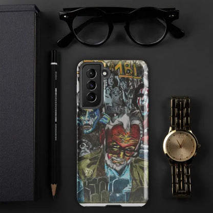 Samsung tough phone case featuring graffiti-style street art inspired by zombie cinema