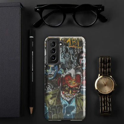 Samsung smartphone displaying Eternal Vigilance tough phone case inspired by zombie cinema