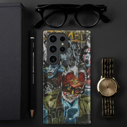 Colorful graffiti-style phone case featuring comic book characters inspired by Zombie Cinema