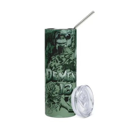 Green metallic stainless steel tumbler with straw and comic-style artwork from Ethereal Sips