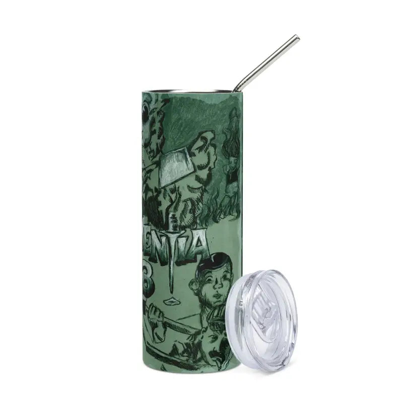 Green stainless steel tumbler with artistic character designs and a straw lid