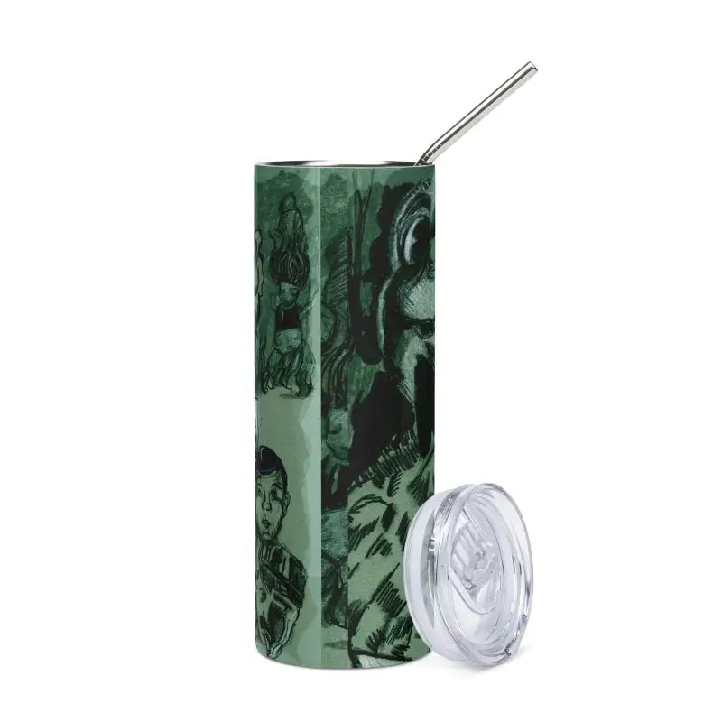 Green patterned stainless steel tumbler with metal straw and clear lid from Ethereal Sips