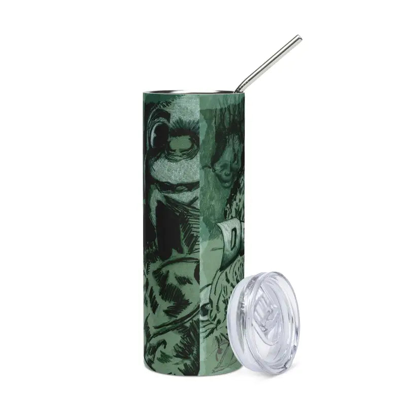 Tall green patterned stainless steel tumbler with clear lid and metal straw for Ethereal Sips