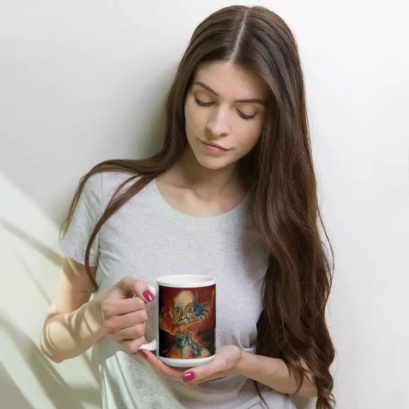 Colorful Ethereal Sips haunted ceramic mug held by hands with red nail polish