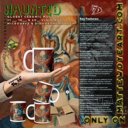 Haunted ceramic mug with mystical deer and nature motifs by Matthew Dye Art