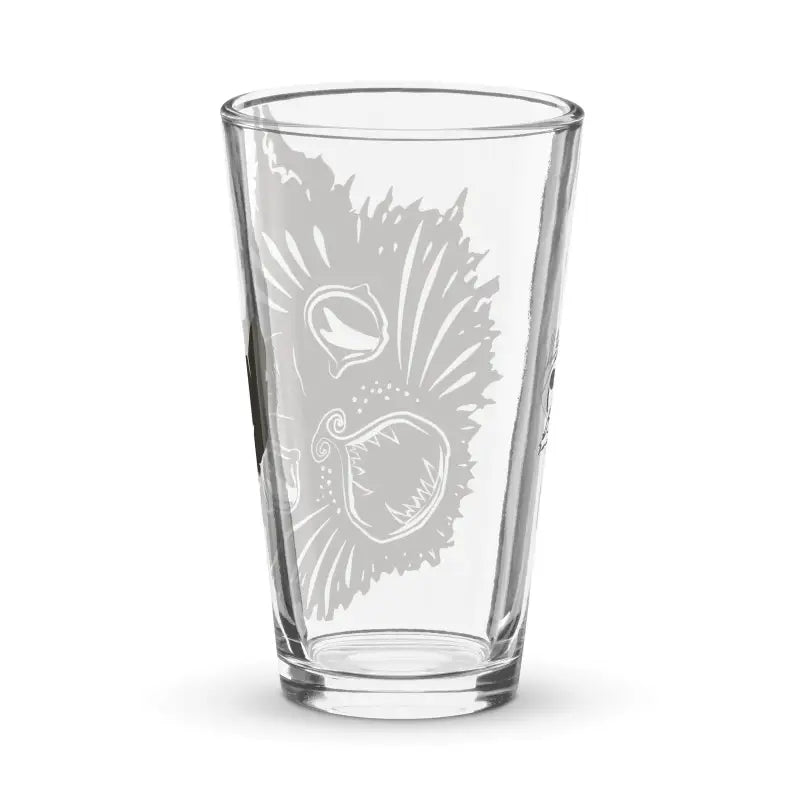 Clear drinking glass featuring etched feather design for Ah Kitty Halloween Pint Glass