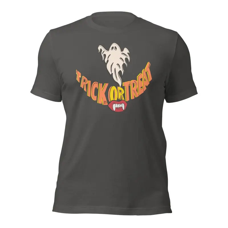 Dark gray treat smiles unisex t-shirt for spooky season with ghost and Trick or Treat design