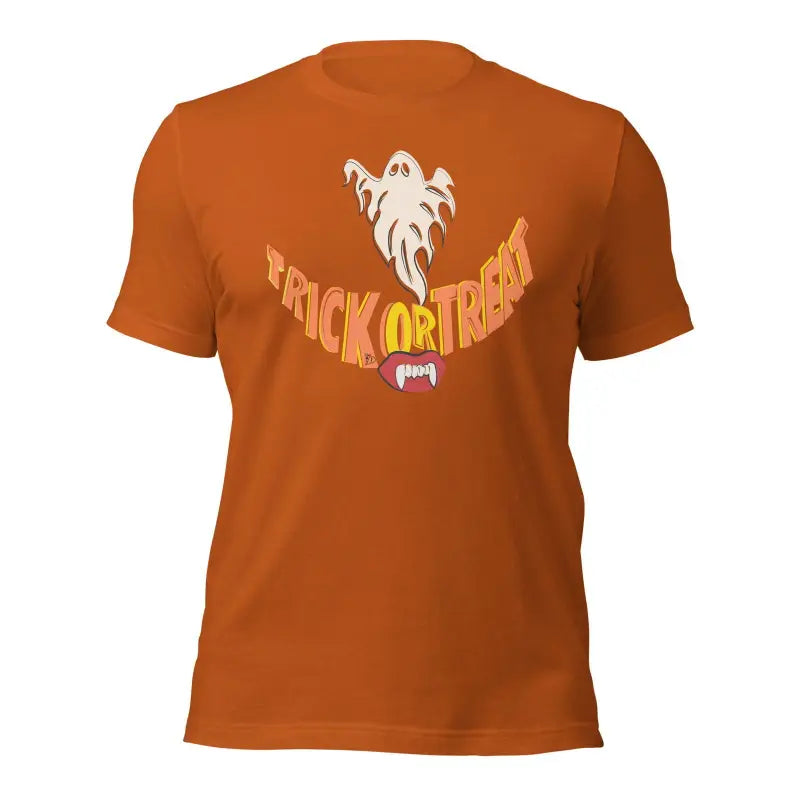 Orange Trick or Treat T-shirt with ghost design for the spooky season, Treat Smiles Unisex