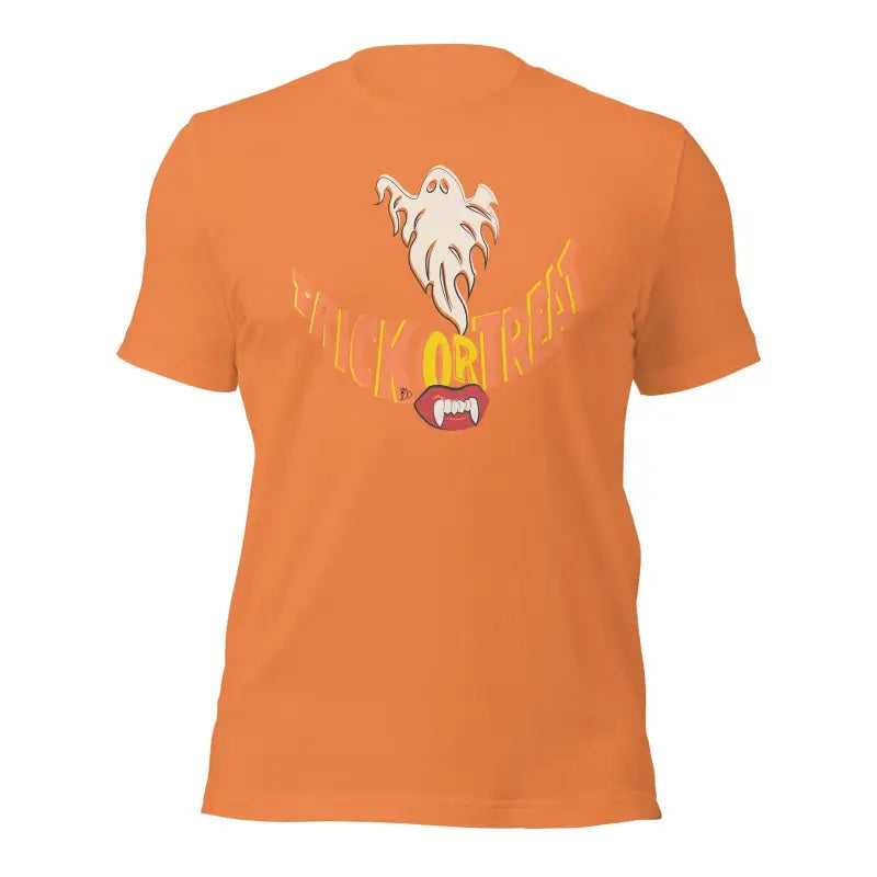 Orange Ethereal Treat Smiles Unisex T-Shirt featuring ghost and vampire fangs for spooky season