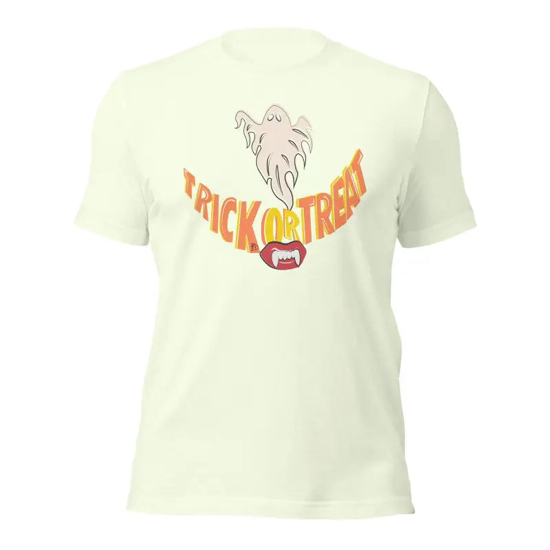 Light-colored Trick or Treat t-shirt with ghost design for the Spooky Season Treat Smiles