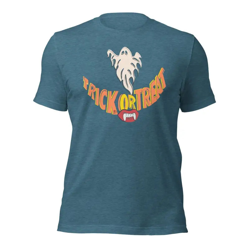 Teal treat smiles unisex t-shirt featuring Trick or Treat text and ghost design for spooky season