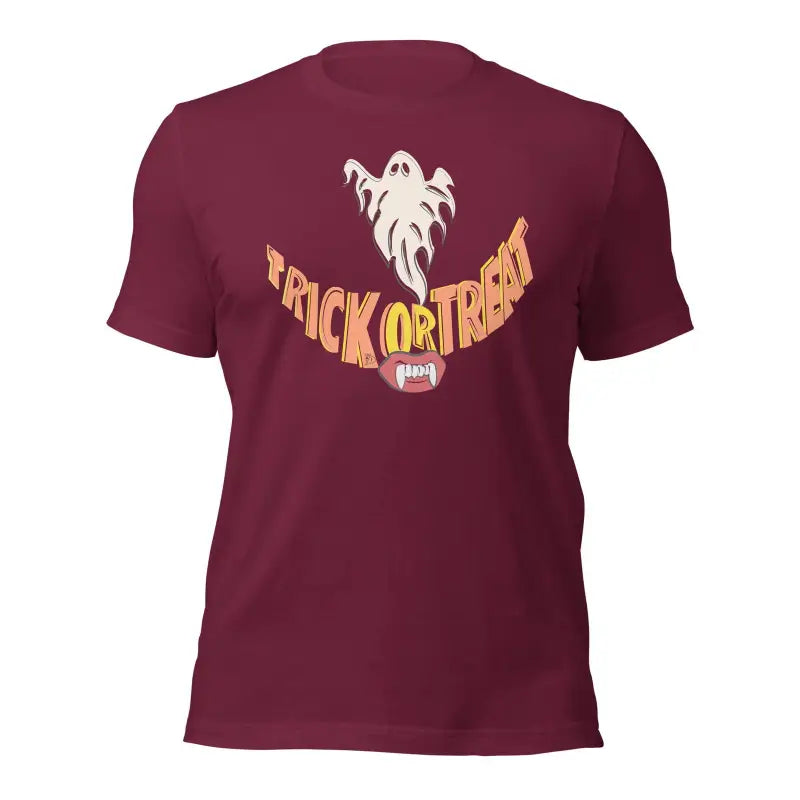 Burgundy Treat Smiles Unisex T-Shirt featuring Trick or Treat design for spooky season