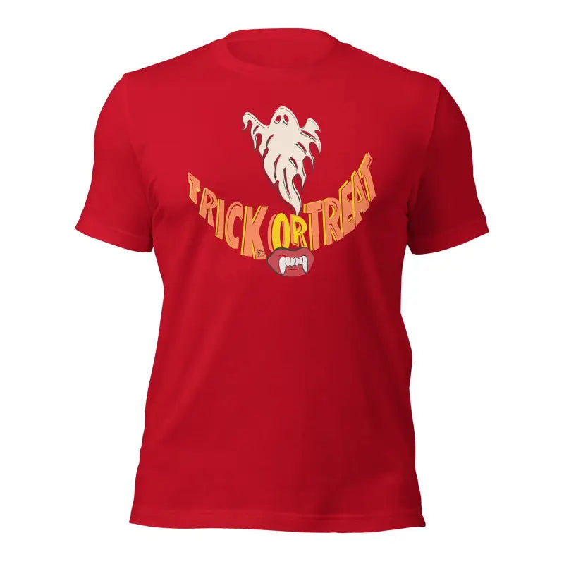 Red Ethereal Treat Smiles Unisex T-Shirt for the spooky season with ghost and Trick or Treat design