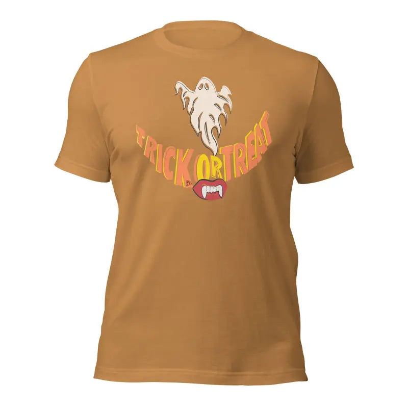 Brown Treat Smiles Unisex T-Shirt featuring ghost design for the spooky season