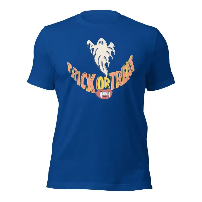 Royal blue Ethereal Treat Smiles Unisex T-Shirt for the spooky season with ghost graphic