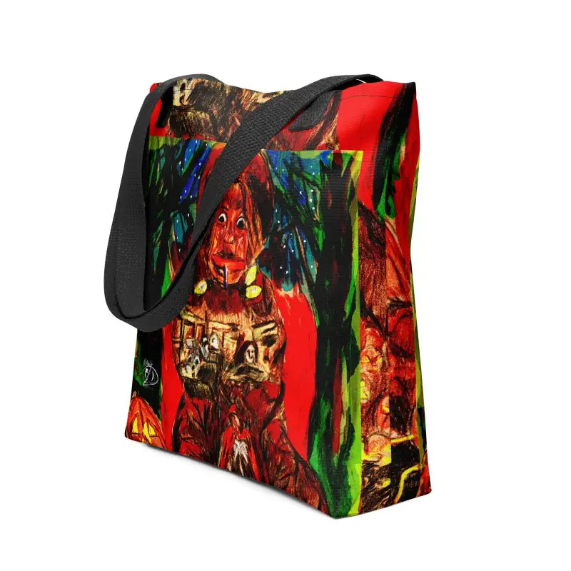 Colorful Trick R Treat Halloween tote bag featuring vibrant Matthew Dye art patterns