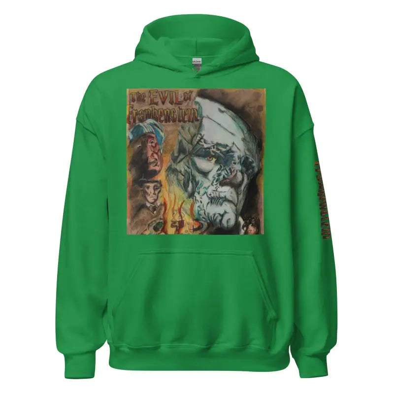 Green hoodie featuring dark album cover art inspired by Frankenstein, a horror classic