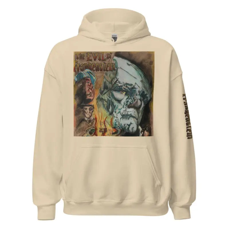 Beige hoodie featuring dark gothic artwork, inspired by Frankenstein horror classics