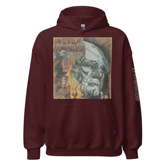 Maroon Frankenstein hoodie with gritty design, exuding eerie vibes in soft cotton poly