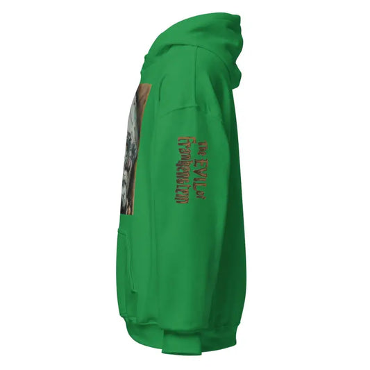 Green hooded sweatshirt side view featuring Evil of Frankenstein vintage horror classic design