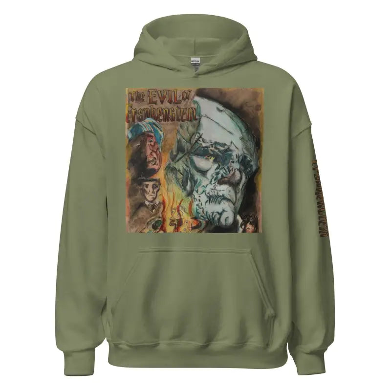 Military green hoodie featuring dark gothic artwork inspired by Frankenstein horror classic