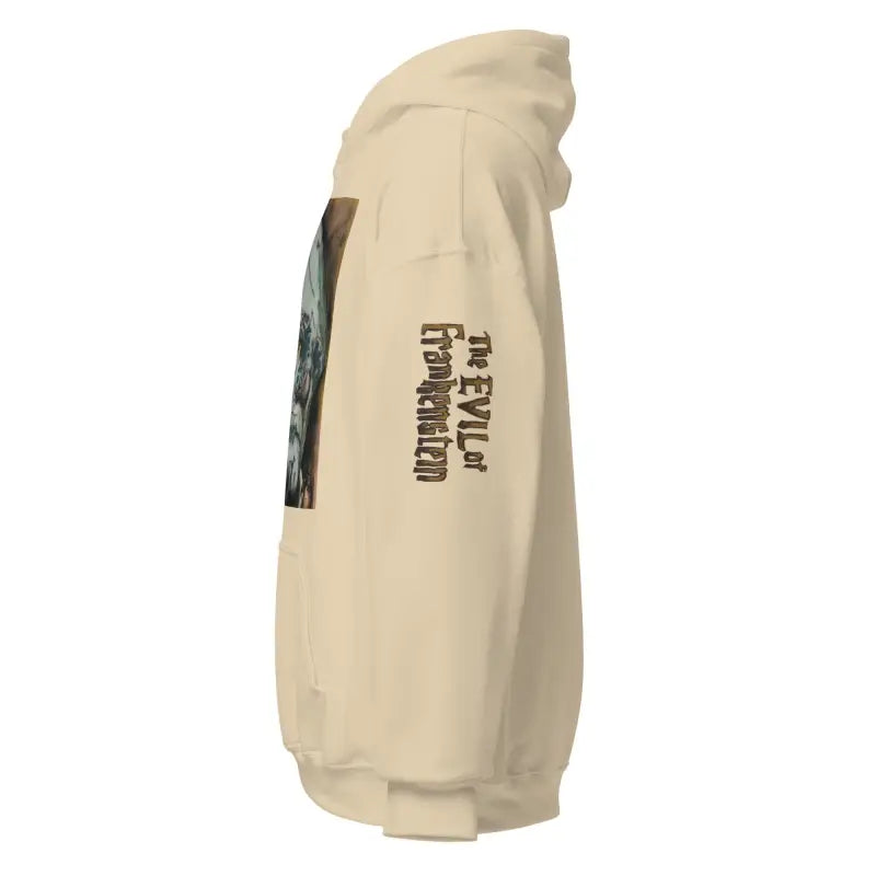 Beige Evil of Frankenstein Hoodie featuring vintage horror art and printed sleeve text