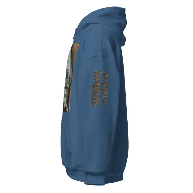 Blue Hooded Sweatshirt with Side Graphics from the Horror Classic Frankenstein Collection