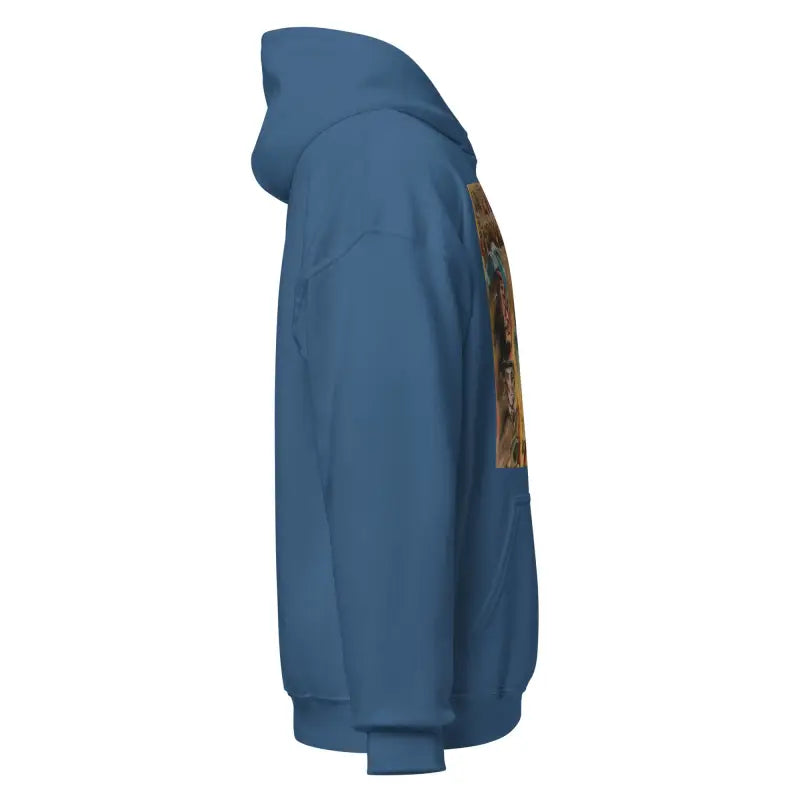 Side view of a blue hoodie featuring Vintage Horror Art inspired by Frankenstein