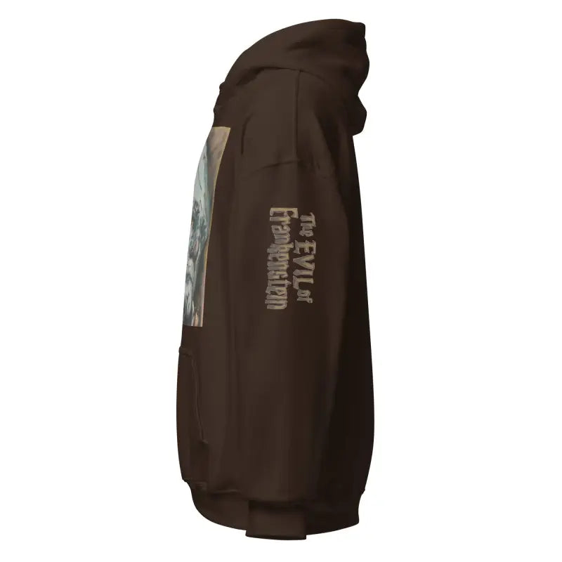 Brown hooded sweatshirt featuring text graphics, ideal for fans of Frankenstein and horror classics