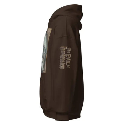 Brown hooded sweatshirt featuring text graphics, ideal for fans of Frankenstein and horror classics