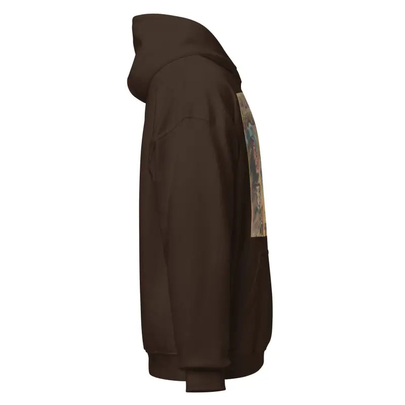 Side view of a Brown Hooded Sweatshirt featuring Evil of Frankenstein vintage horror art