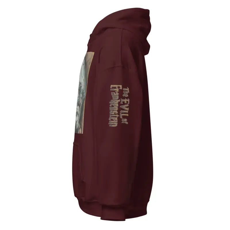 Burgundy Evil of Frankenstein Hoodie featuring text graphics for horror classic enthusiasts
