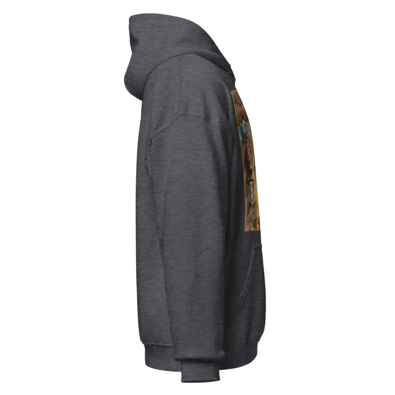 Dark gray Frankenstein hoodie with a side view of the sleeve and hood design