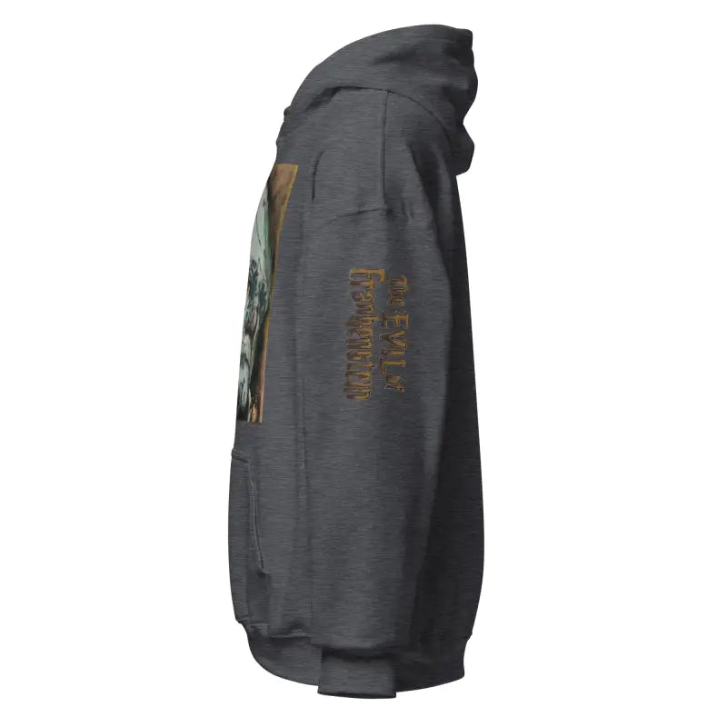 Dark gray Frankenstein hoodie featuring vintage horror art graphics on the side