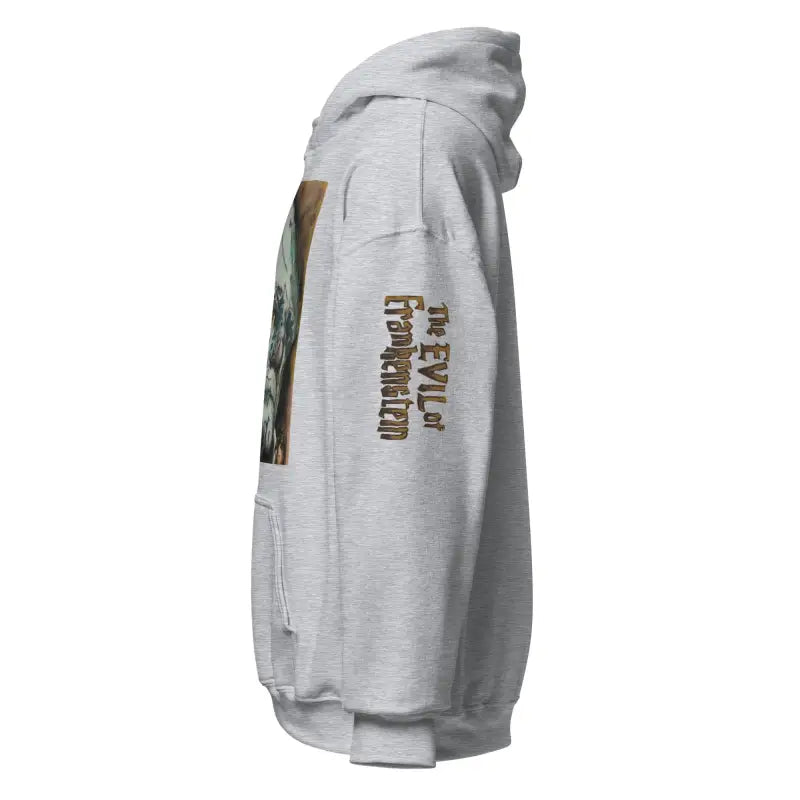 Light gray Evil of Frankenstein hoodie featuring vintage horror graphics on the sleeve