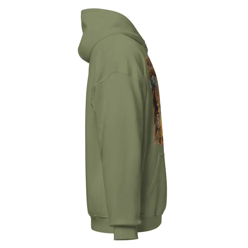 Olive green hoodie displayed from the side, featuring Evil of Frankenstein vintage art