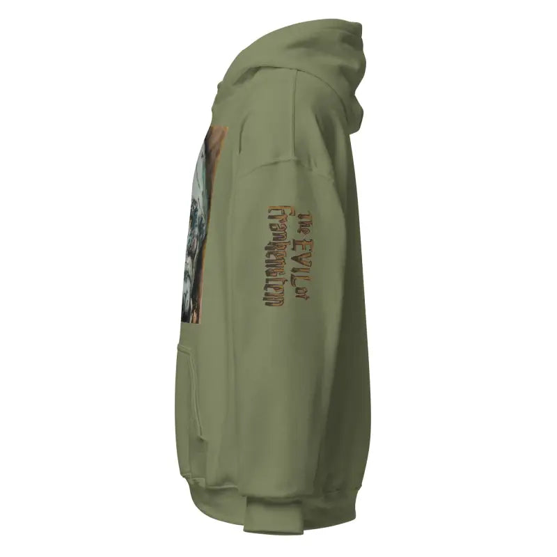 Olive green Frankenstein hoodie featuring vintage horror art graphics on the sleeve