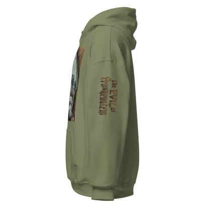 Olive green Frankenstein hoodie featuring vintage horror art graphics on the sleeve