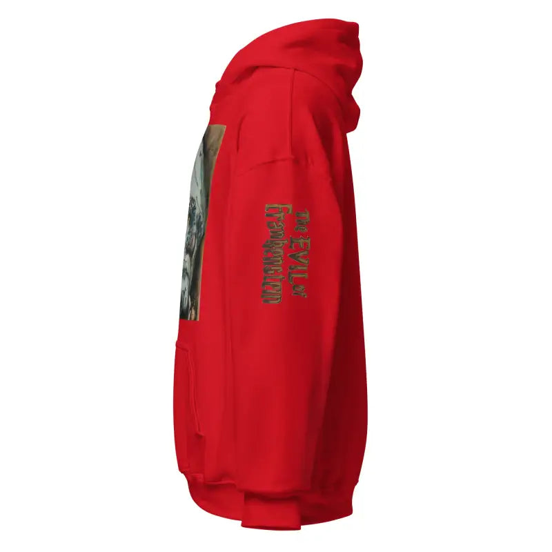 Red hooded sweatshirt featuring vintage Frankenstein graphics and text on the sleeve