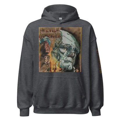 Dark gray hoodie featuring gothic skull artwork inspired by Frankenstein horror classic