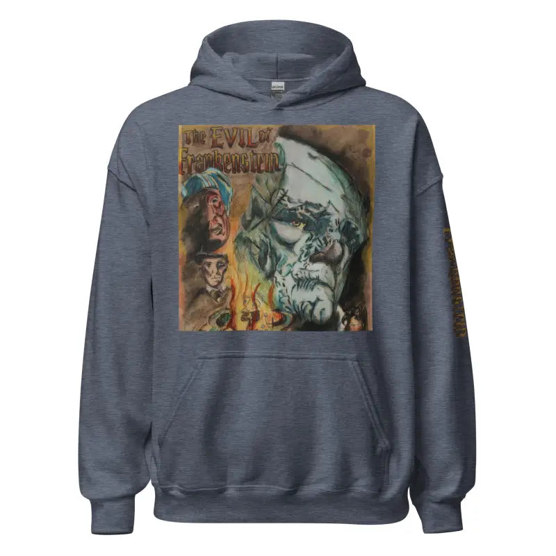 Grey hoodie showcasing gothic horror artwork inspired by Frankenstein, a horror classic hoodie