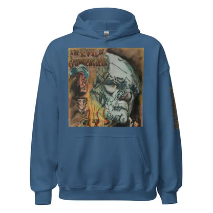 Blue hoodie featuring gothic horror artwork inspired by Frankenstein, perfect for horror classic fans